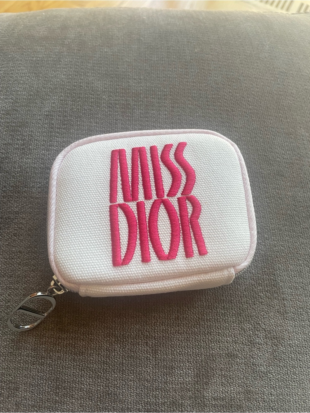 Dior White Canvas Pouch with Pink MISS DIOR Logo includes 3 perfume samples